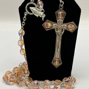 Rosary Pink Crystal  Necklace with Crucifix Light Pink AB Beads Rosary 59 Beads